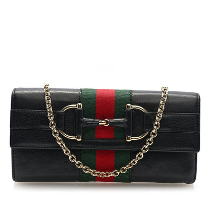 Gucci Calfskin Web Horsebit Chain Clutch Wallet Black 1 of 9