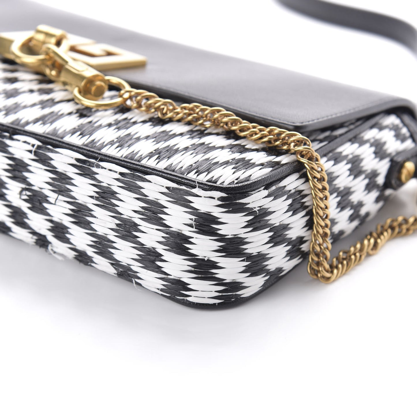 Straw Calfskin Charm Shoulder Bag Black White