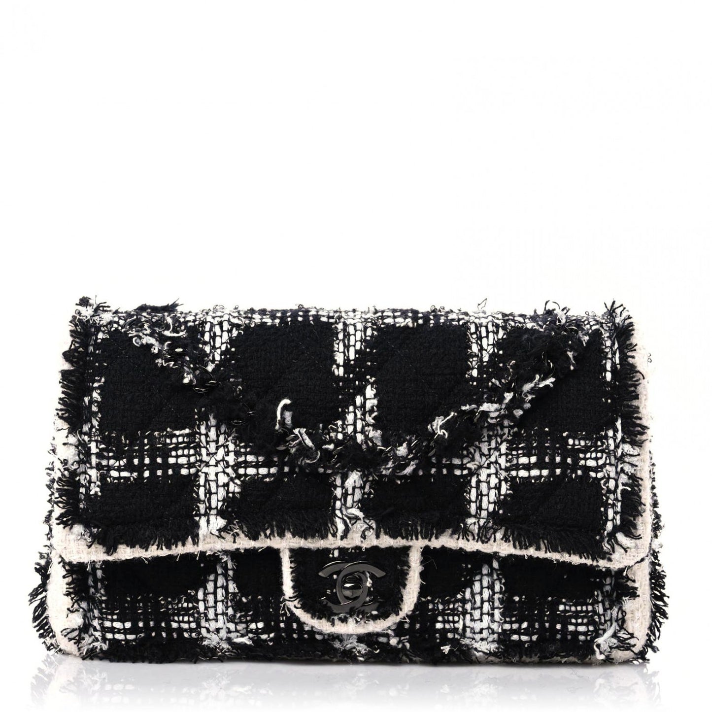 Tweed Quilted Tartan Medium Double Flap Black White