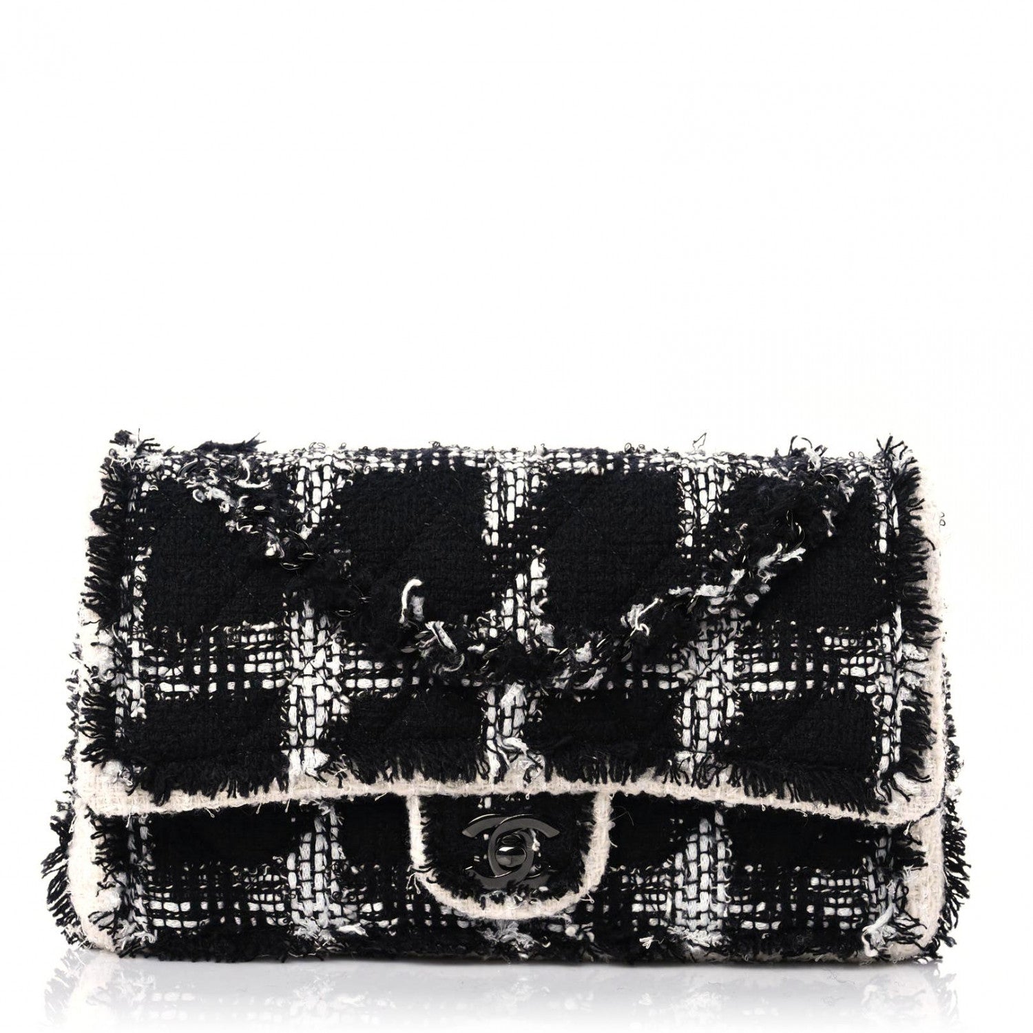 Chanel Tweed Quilted Tartan Medium Double Flap Black White 1 of 10