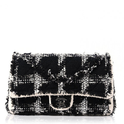 Chanel Tweed Quilted Tartan Medium Double Flap Black White 1 of 10