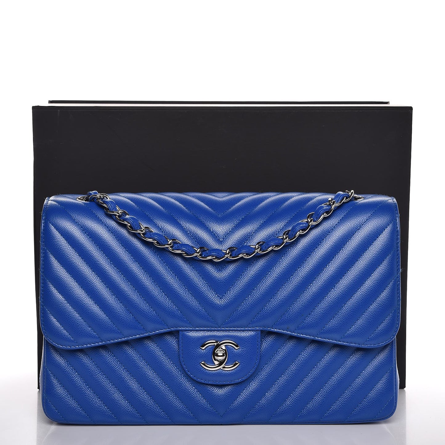 Caviar Chevron Quilted Jumbo Double Flap Bright Blue