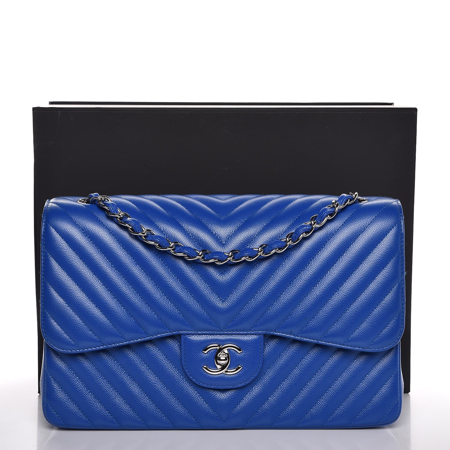 Chanel Caviar Chevron Quilted Jumbo Double Flap Bright Blue 8 of 8