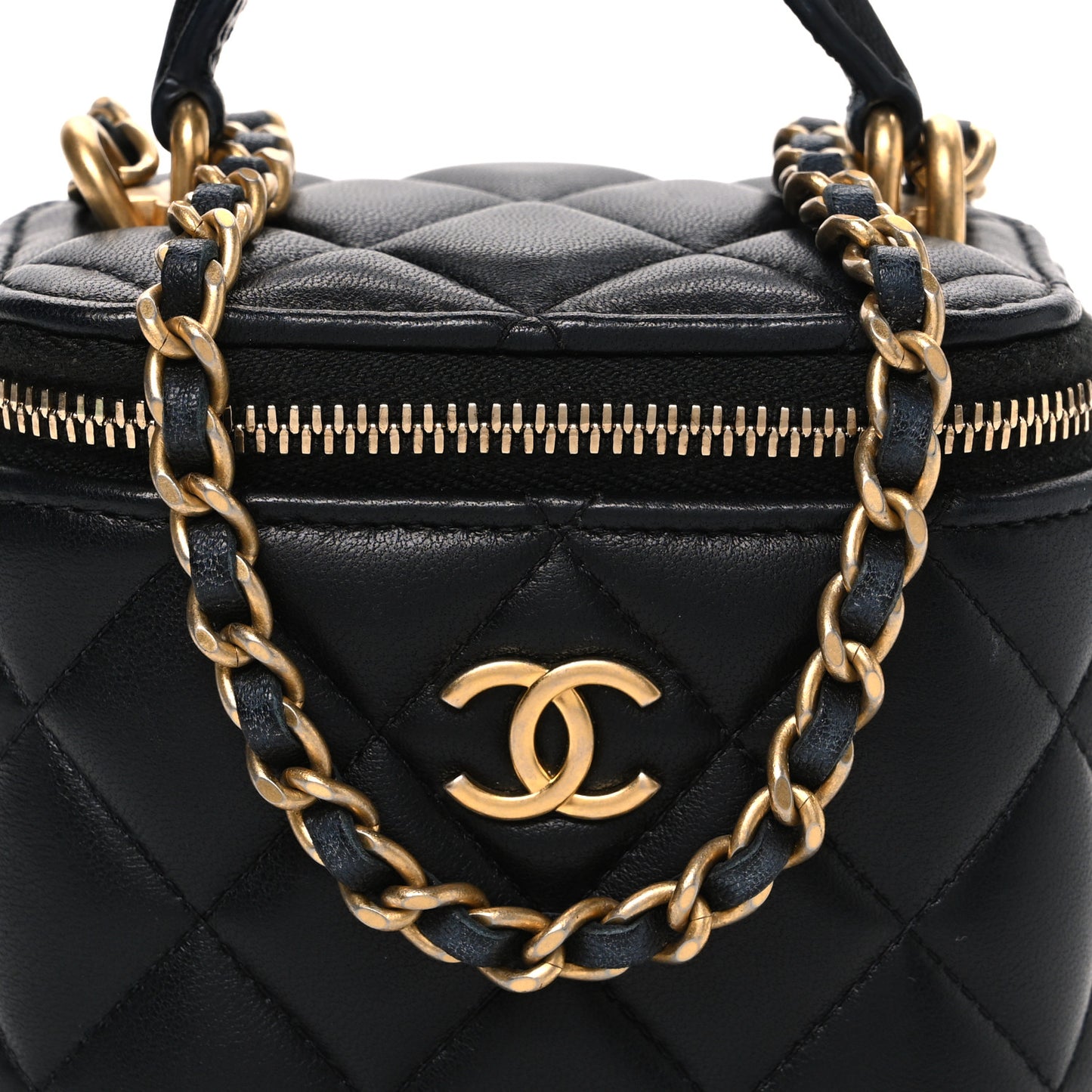 Lambskin Quilted Metal Mini Top Handle Vanity Case With Chain Black