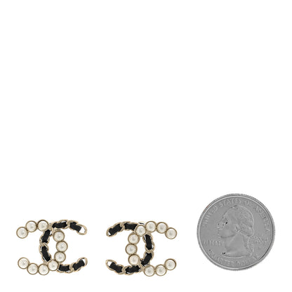 Chanel Pearl Lambskin Chain CC Stud Earrings Gold Black 2 of 5