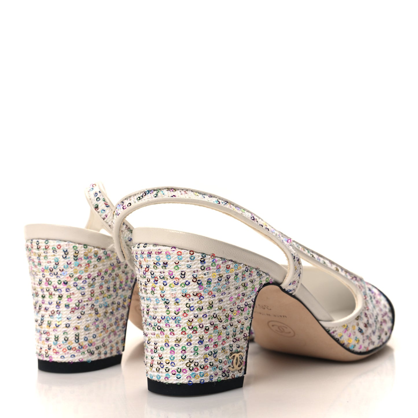 Tweed Lambskin Sequin Cap Toe CC Slingback Pumps 36.5 White Black Multicolor