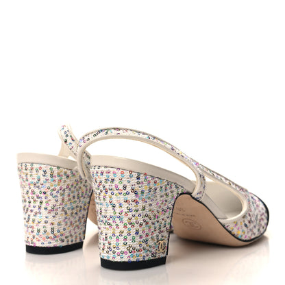 Chanel Tweed Lambskin Sequin Cap Toe CC Slingback Pumps 36.5 White Black Multicolor 4 of 9