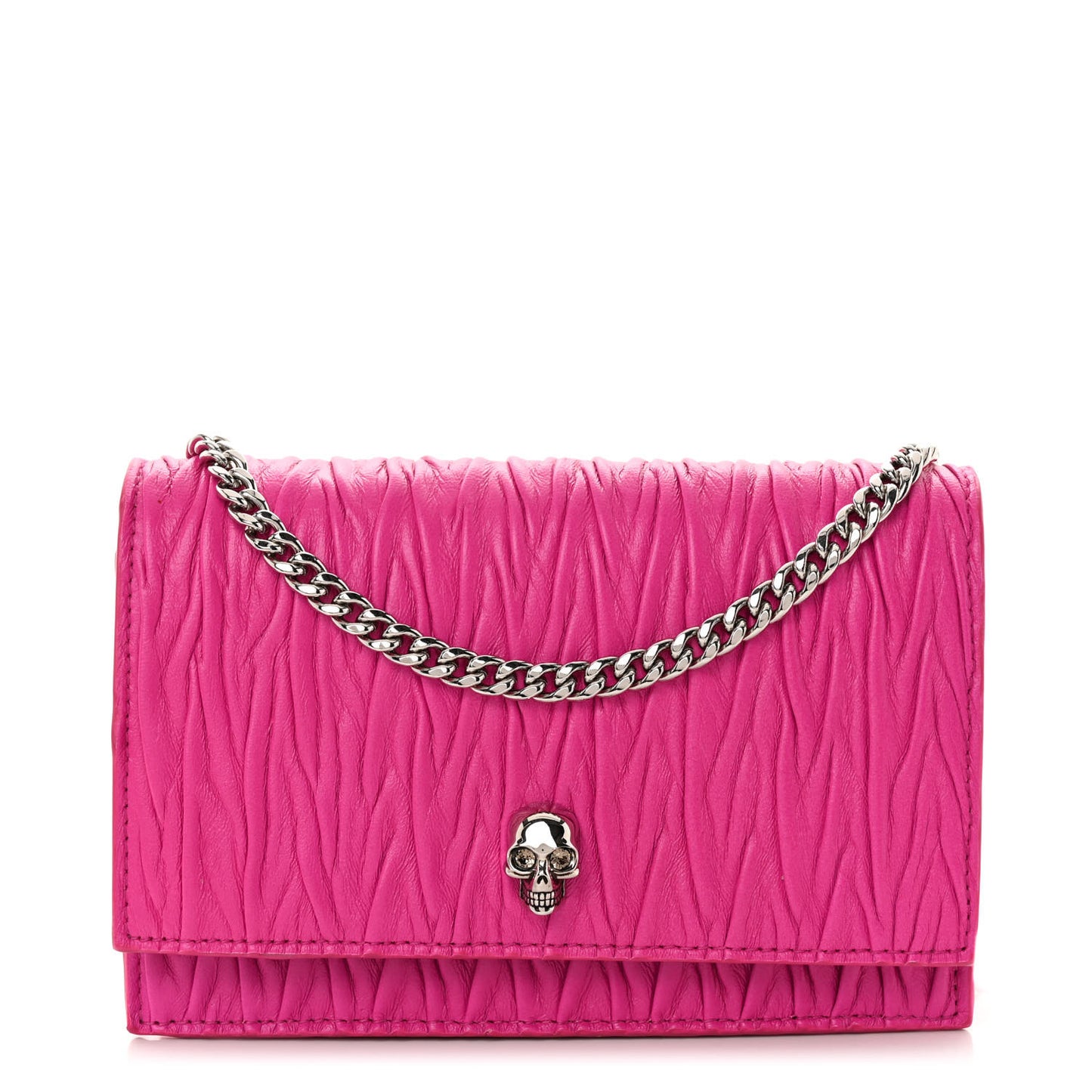 Lambskin Pleated Skull Small Chain Crossbody Bag Fuchsia