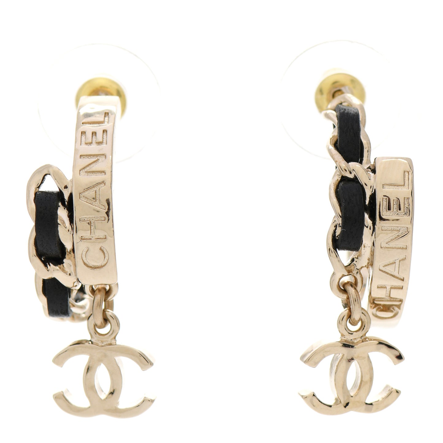 Metal Lambskin CC Chain Hoop Earrings Gold Black