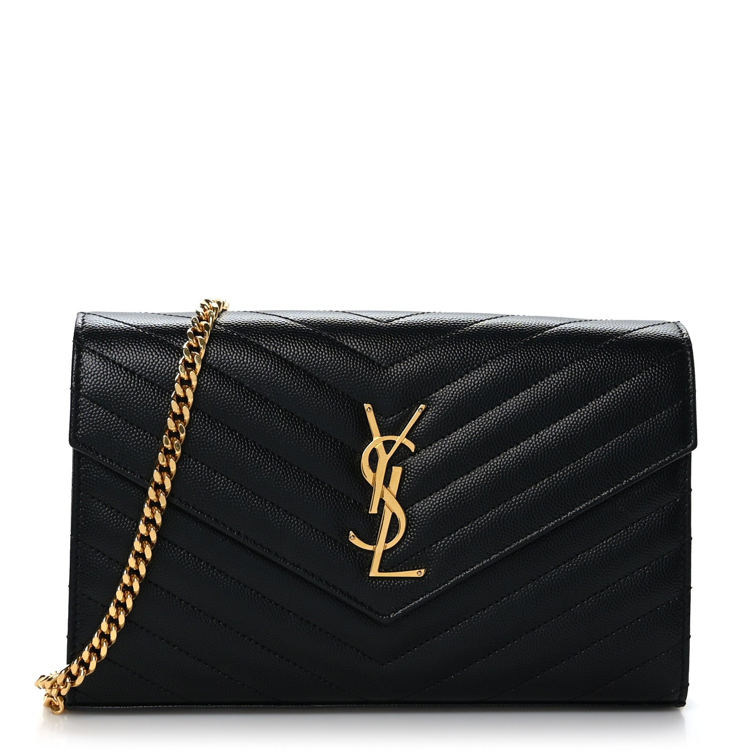 Saint Laurent Grain De Poudre Matelasse Chevron Monogram Chain Wallet Black 1 of 8