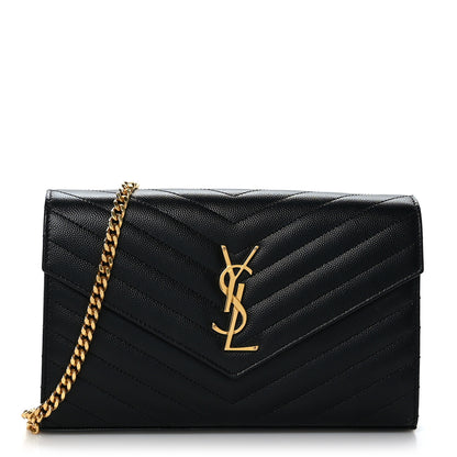 Saint Laurent Grain De Poudre Matelasse Chevron Monogram Chain Wallet Black 1 of 8