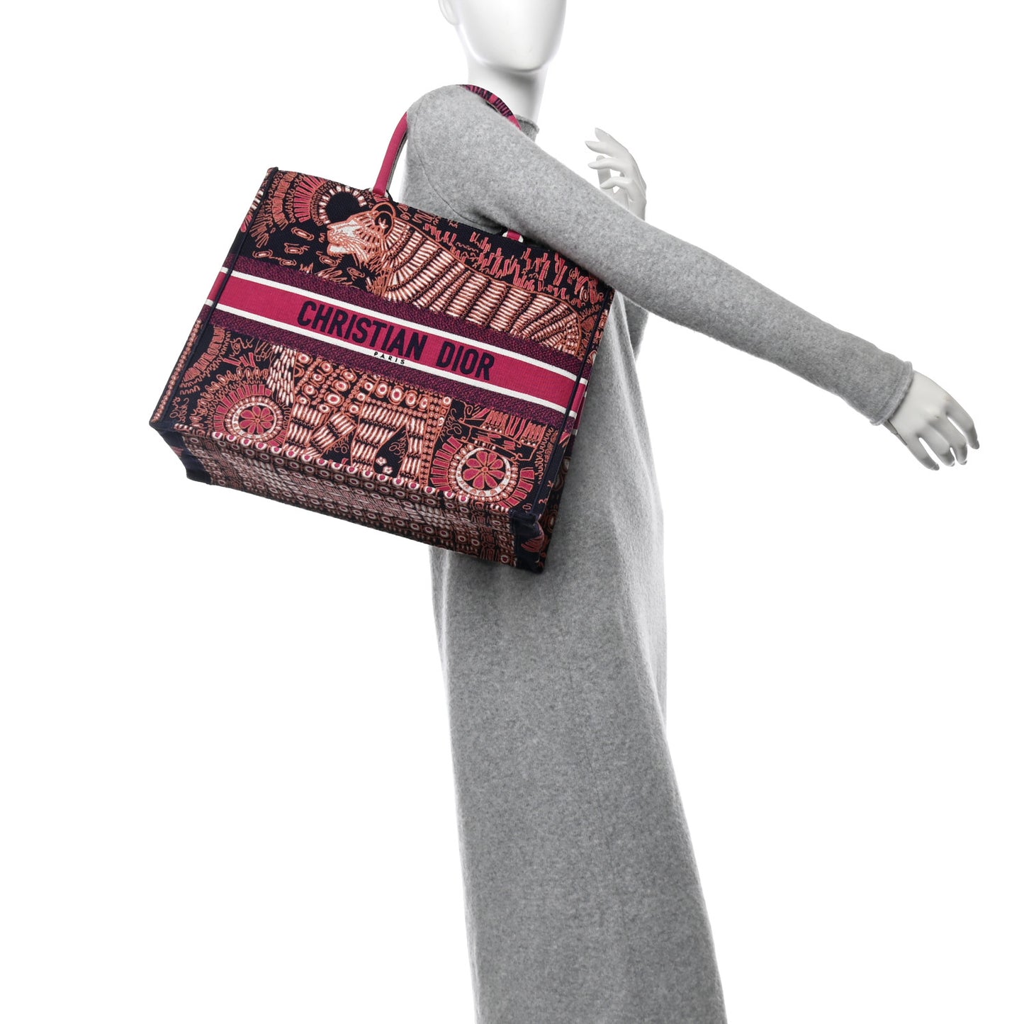 Canvas Embroidered Dior Animals Tiger Book Tote Deep Blue Fuchsia