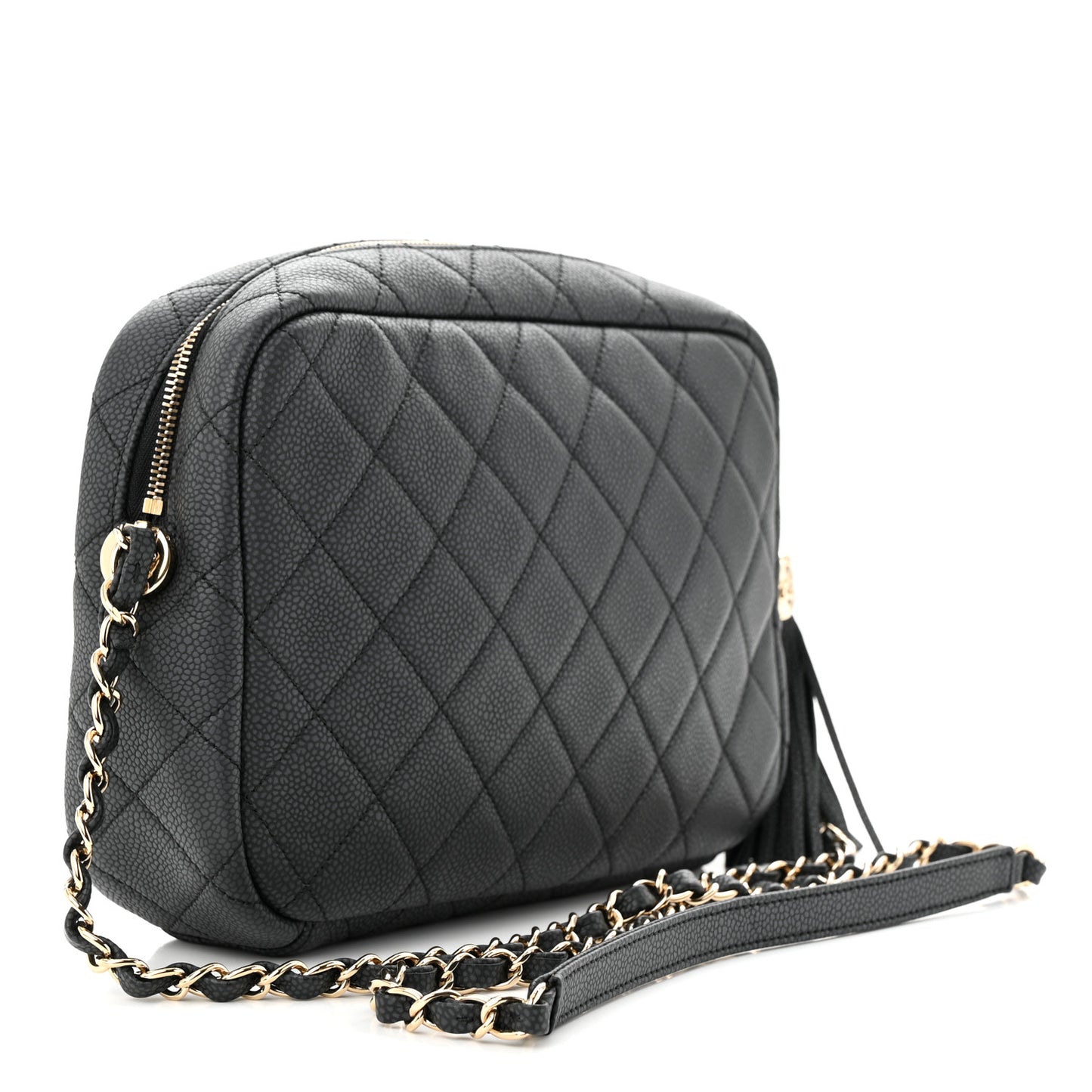 Iridescent Caviar Quilted Small Coco Tassel Camera Case Black