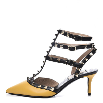 Valentino Garavani Nappa Rockstud Ankle Strap Low Heel Pumps 36 Yellow Black 1 of 9