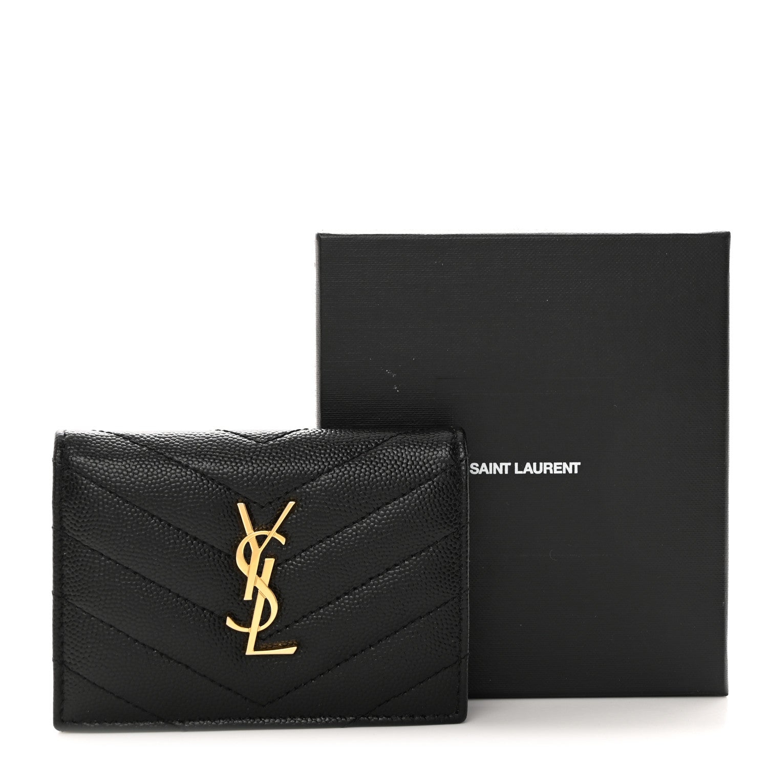 Saint Laurent Grain De Poudre Matelasse Chevron Monogram Flap Card Case Black 11 of 11