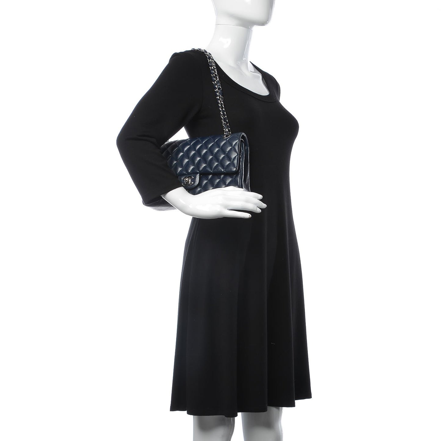 Caviar Quilted Medium Double Flap Dark Blue