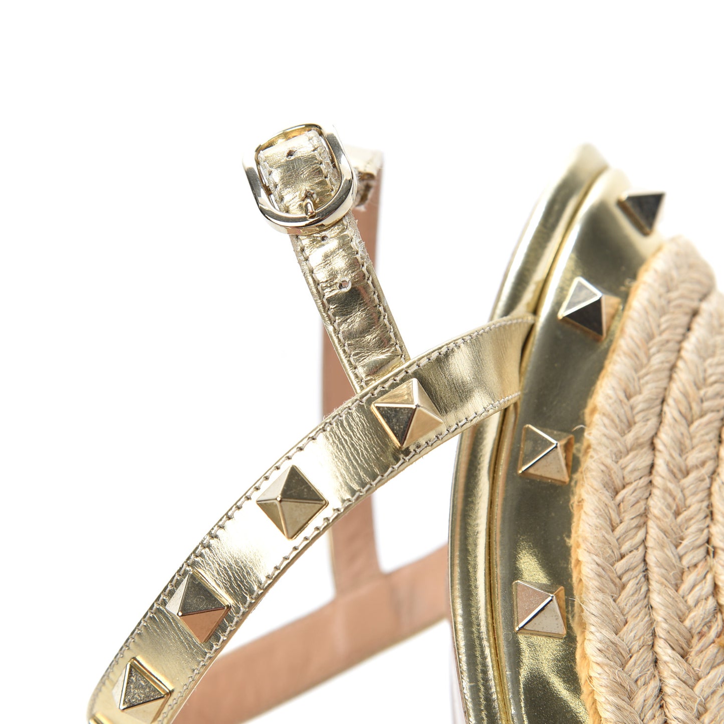 Metallic Calfskin Raffia Rockstud T-Strap Slingback Espadrille Wedge Sandals 39 Gold