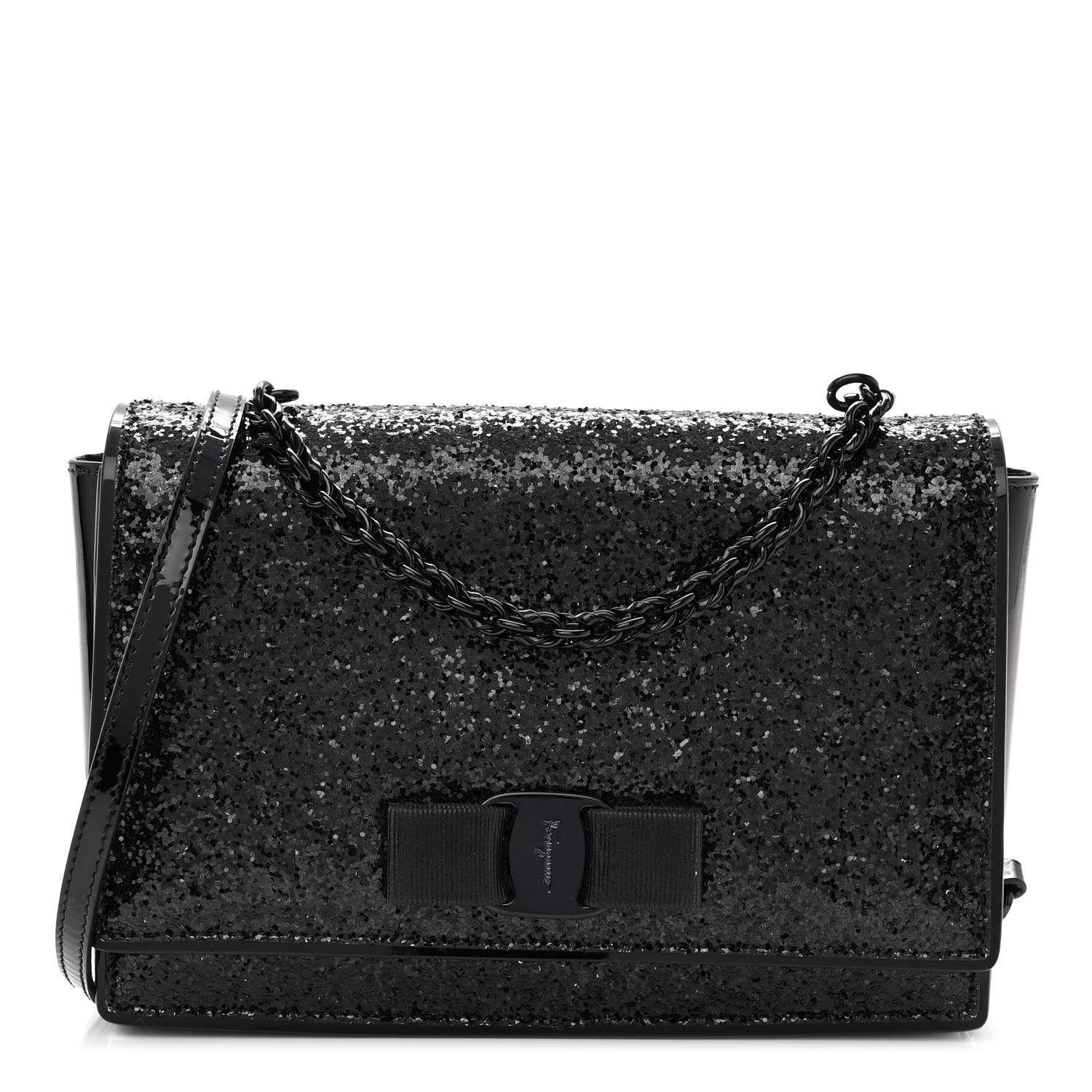 Salvatore Ferragamo Calfskin Sequins Ginny Bow Crossbody Bag Black 1 of 10