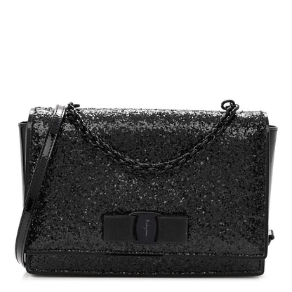 Salvatore Ferragamo Calfskin Sequins Ginny Bow Crossbody Bag Black 1 of 10