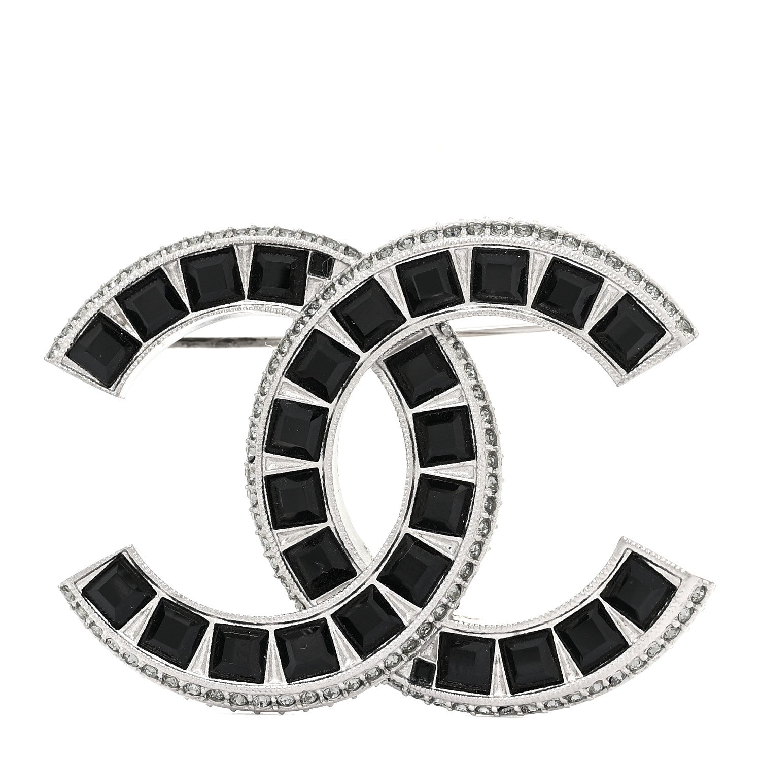 Chanel Baguette Crystal CC Brooch Silver Black 1 of 5
