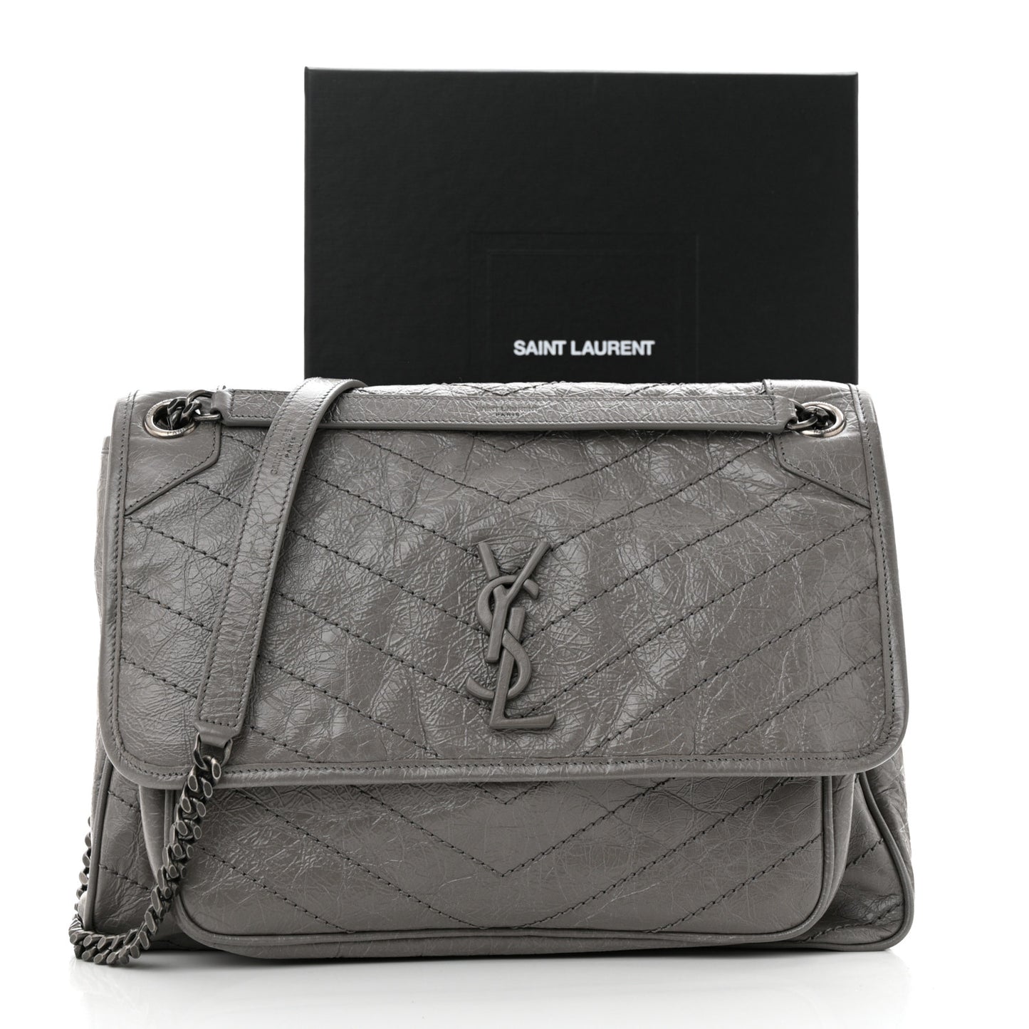 Crinkled Calfskin Matelasse Monogram Large Niki Chain Satchel Fog
