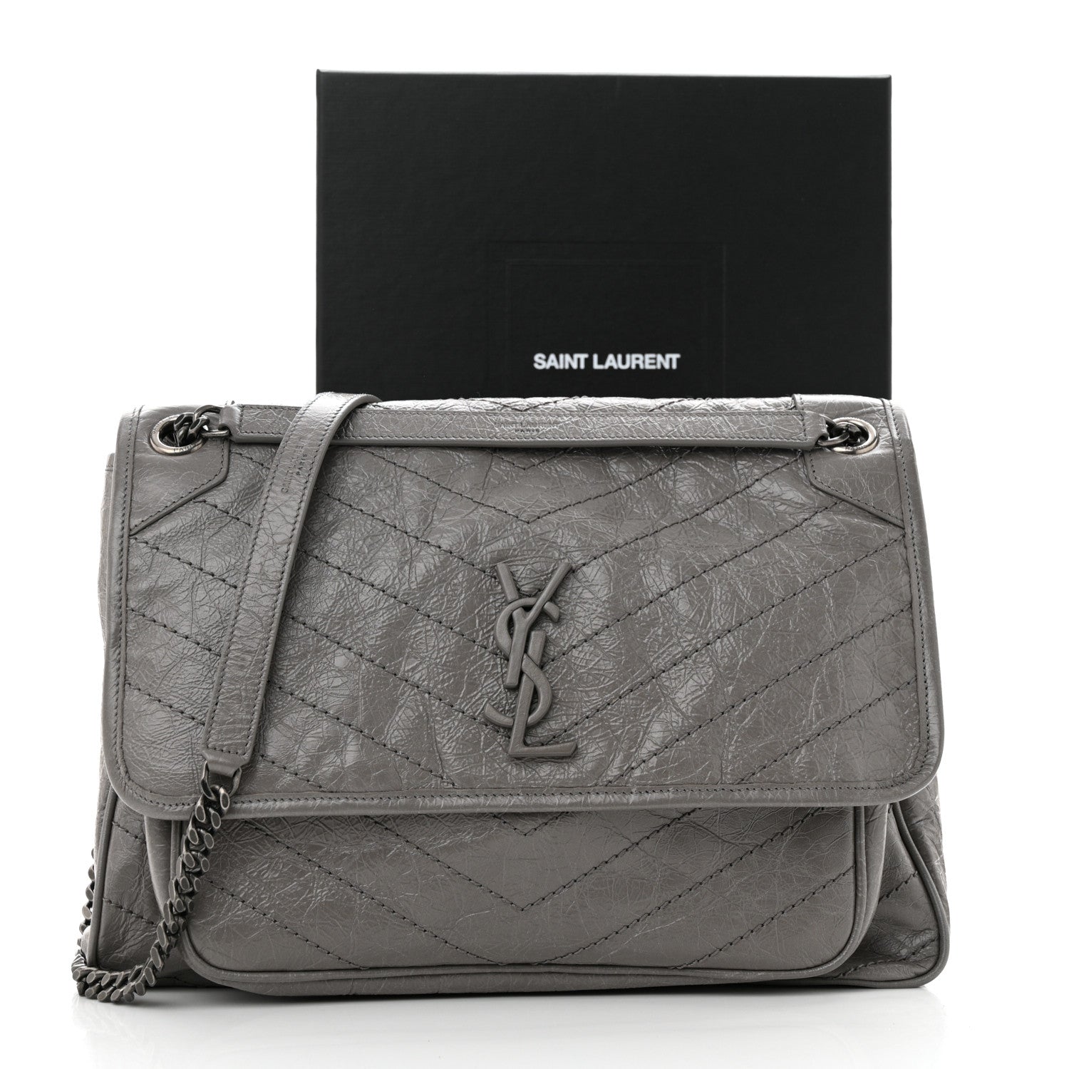 Saint Laurent Crinkled Calfskin Matelasse Monogram Large Niki Chain Satchel Fog 11 of 11