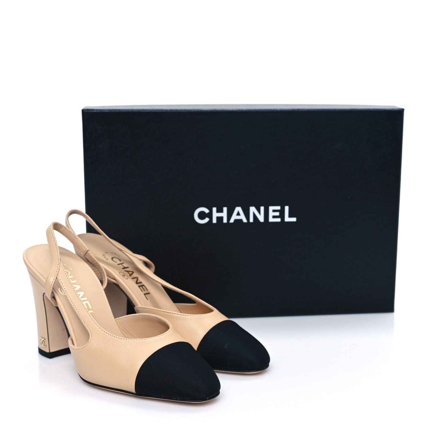 Chanel Lambskin Grosgrain Cap Toe CC Slingback Pumps 35 Beige Black 10 of 10