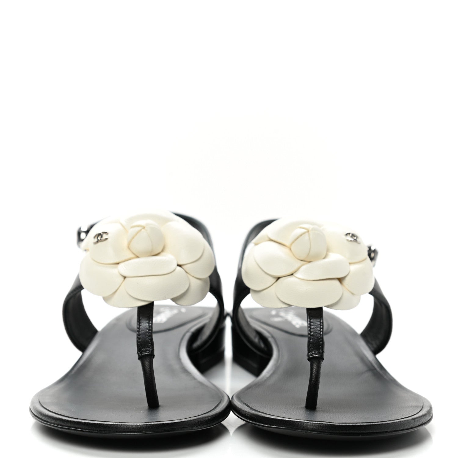 Chanel Lambskin Camellia Thong Sandals 36.5 Black White 2 of 9