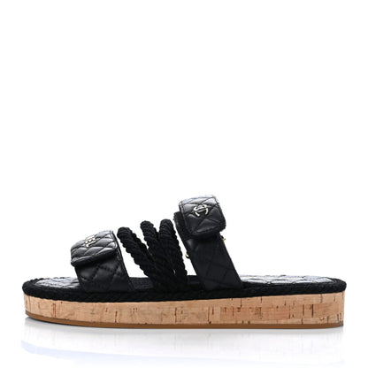 Chanel Cord Lambskin Quilted Logo Sandals 38 Black 1 of 9