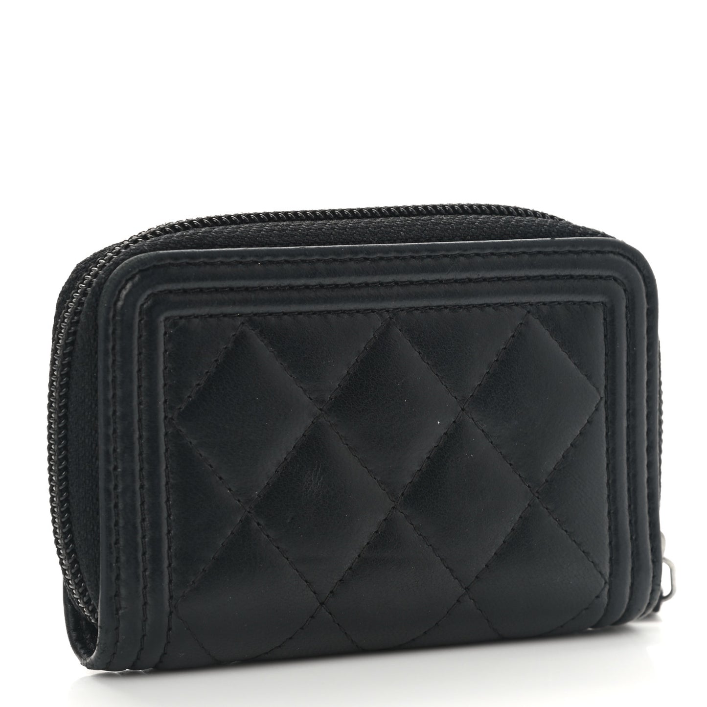 Lambskin Quilted Zip Around Boy Coin Purse Wallet Black