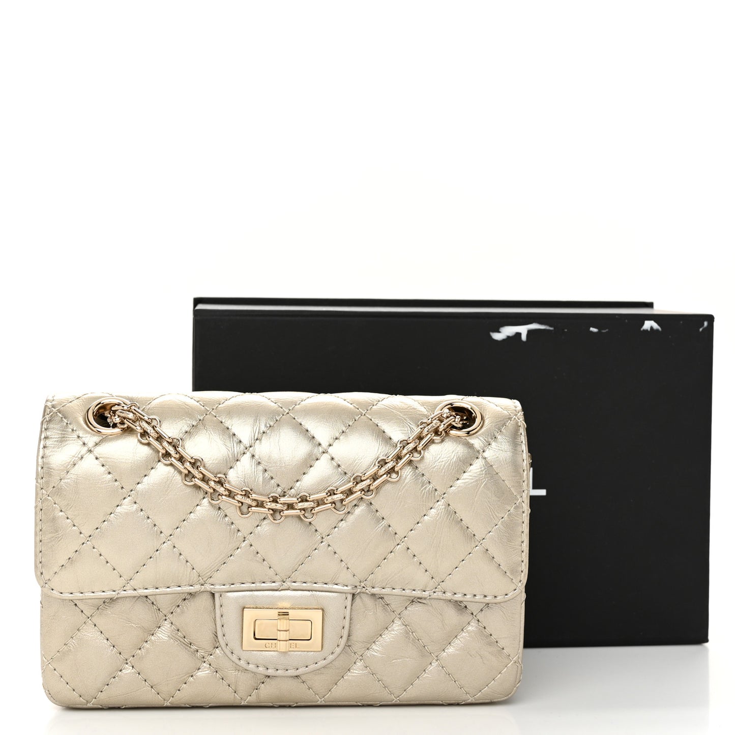 Metallic Aged Calfskin Quilted 2.55 Reissue Mini Flap Light Gold