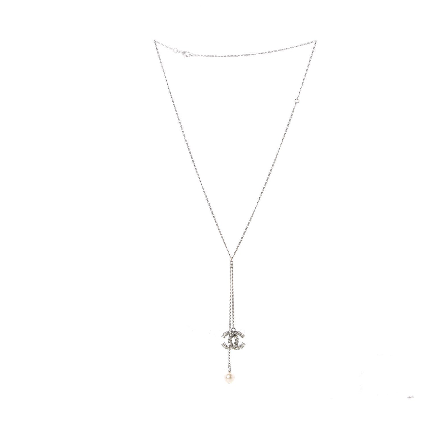 Baguette Crystal Pearl CC Lariat Necklace Silver