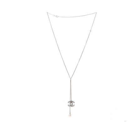 Chanel Baguette Crystal Pearl CC Lariat Necklace Silver 2 of 4