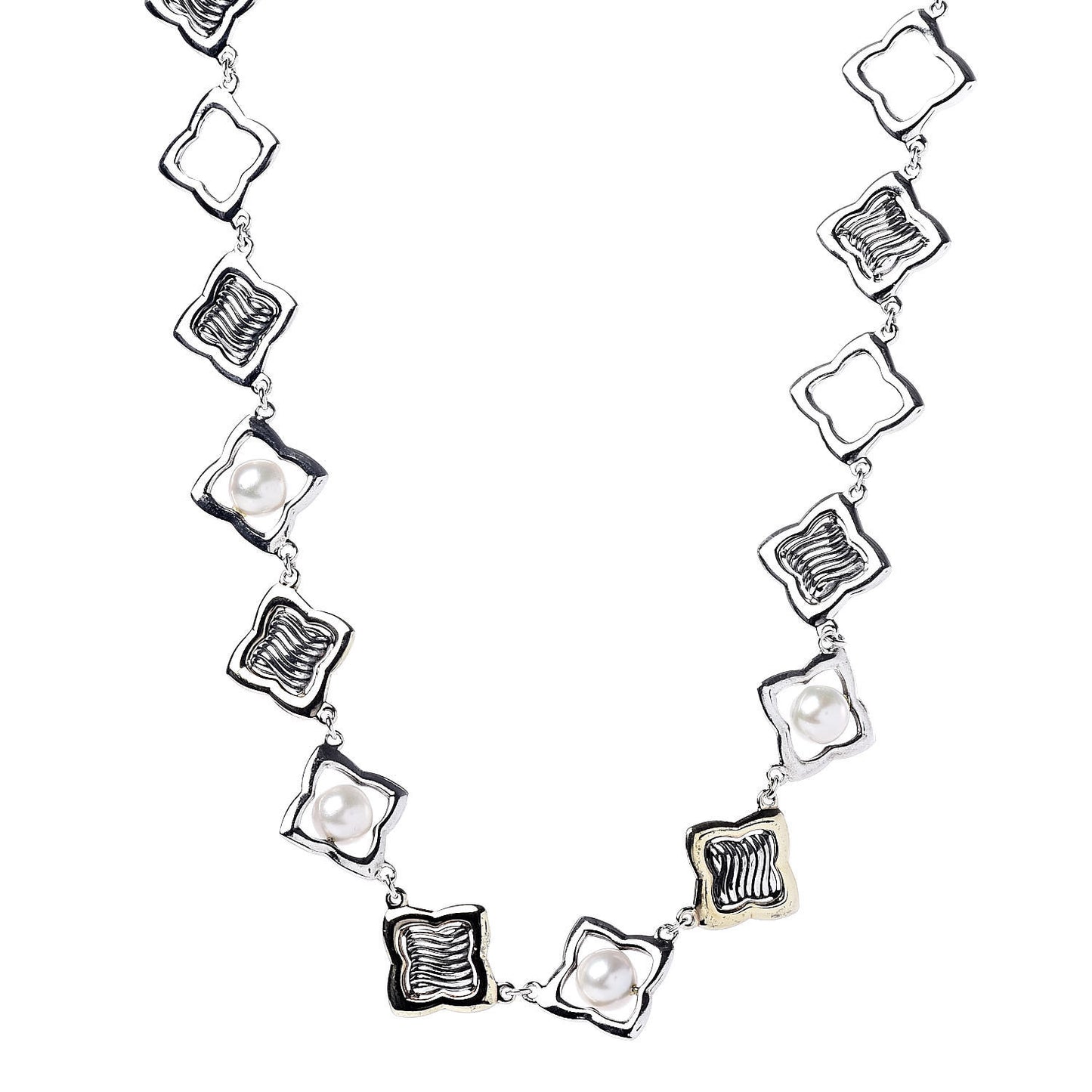 Sterling Silver 18K Yellow Gold Pearl Quatrefoil Link Necklace