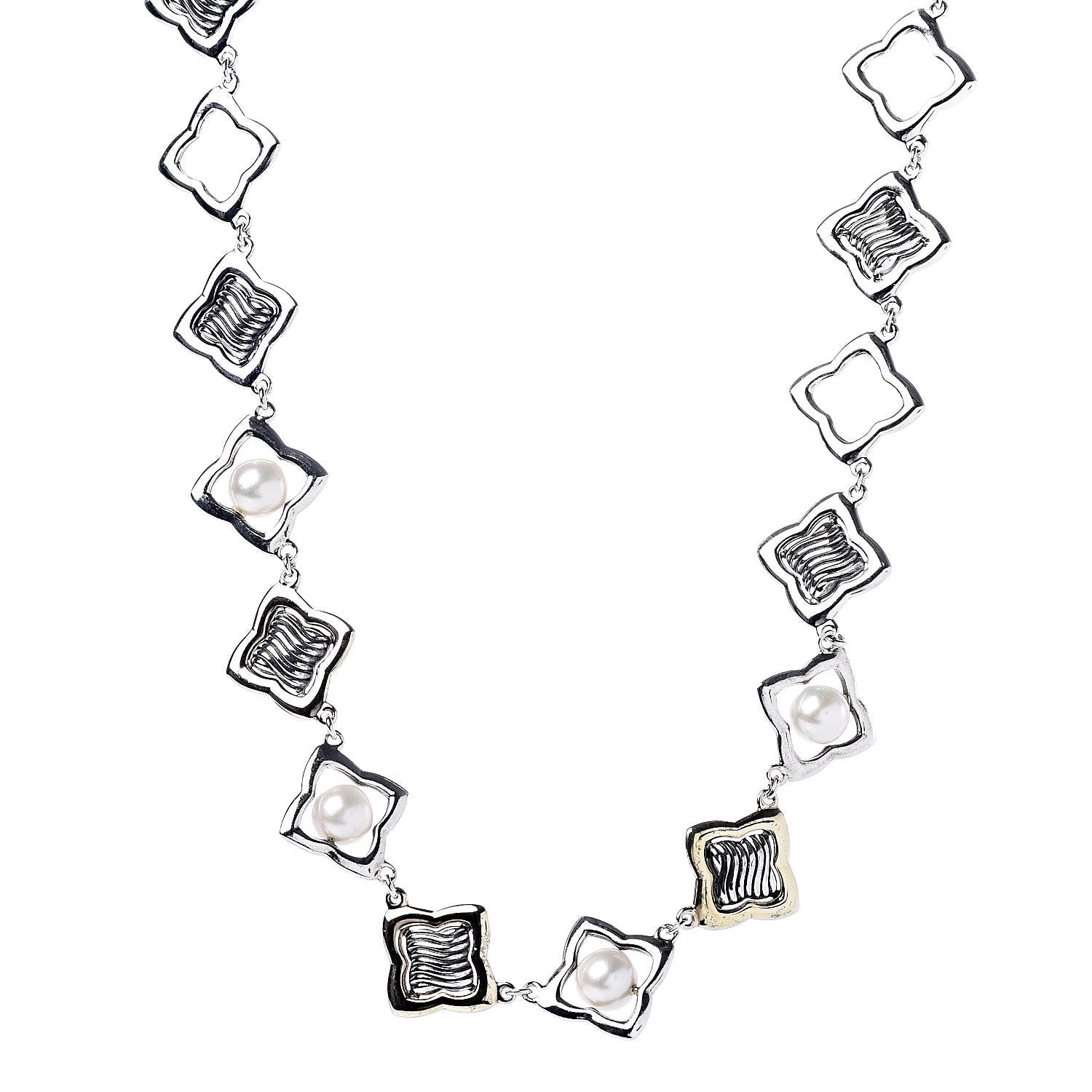 David Yurman Sterling Silver 18K Yellow Gold Pearl Quatrefoil Link Necklace 1 of 5