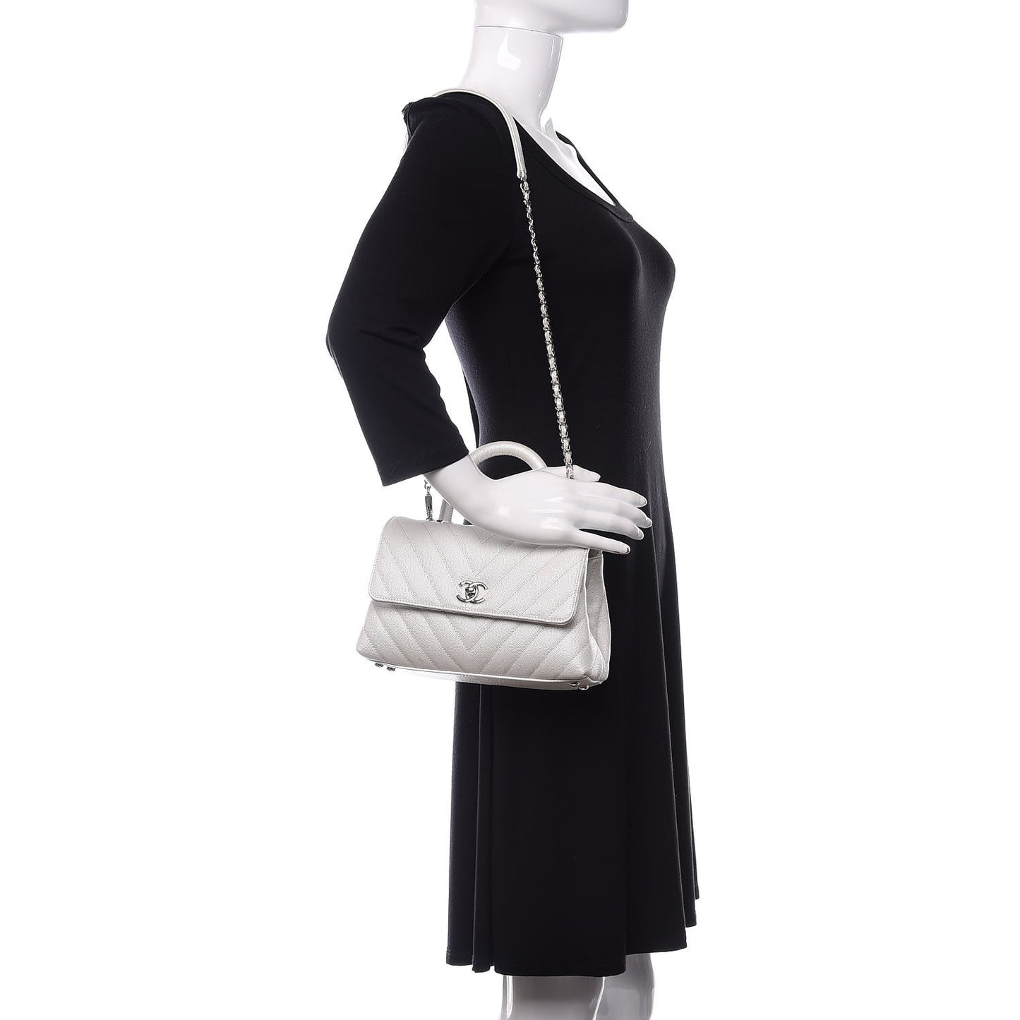 Iridescent Caviar Chevron Quilted Mini Coco Handle Flap White