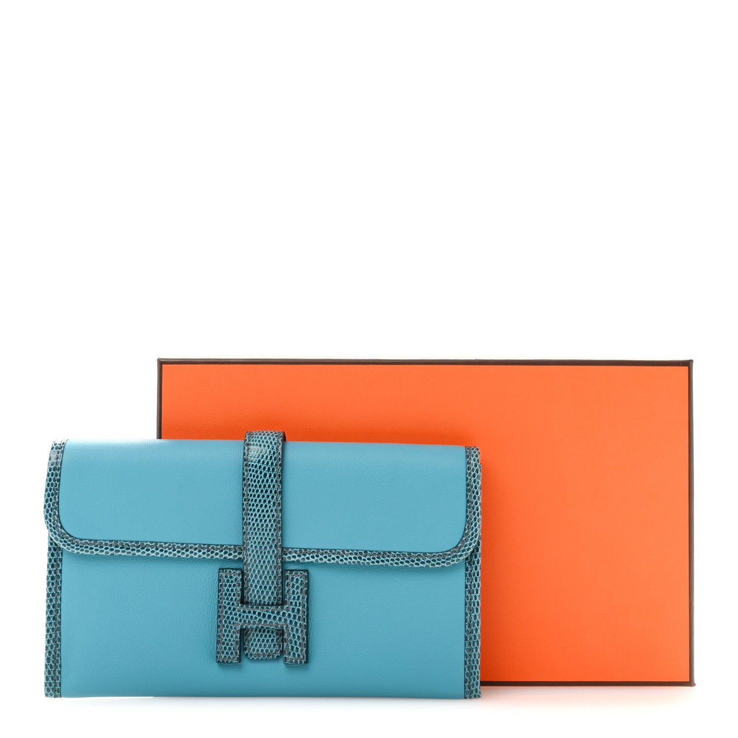Hermes Swift Lizard Jige Elan Touch Duo Clutch Bleu Paon Mykonos