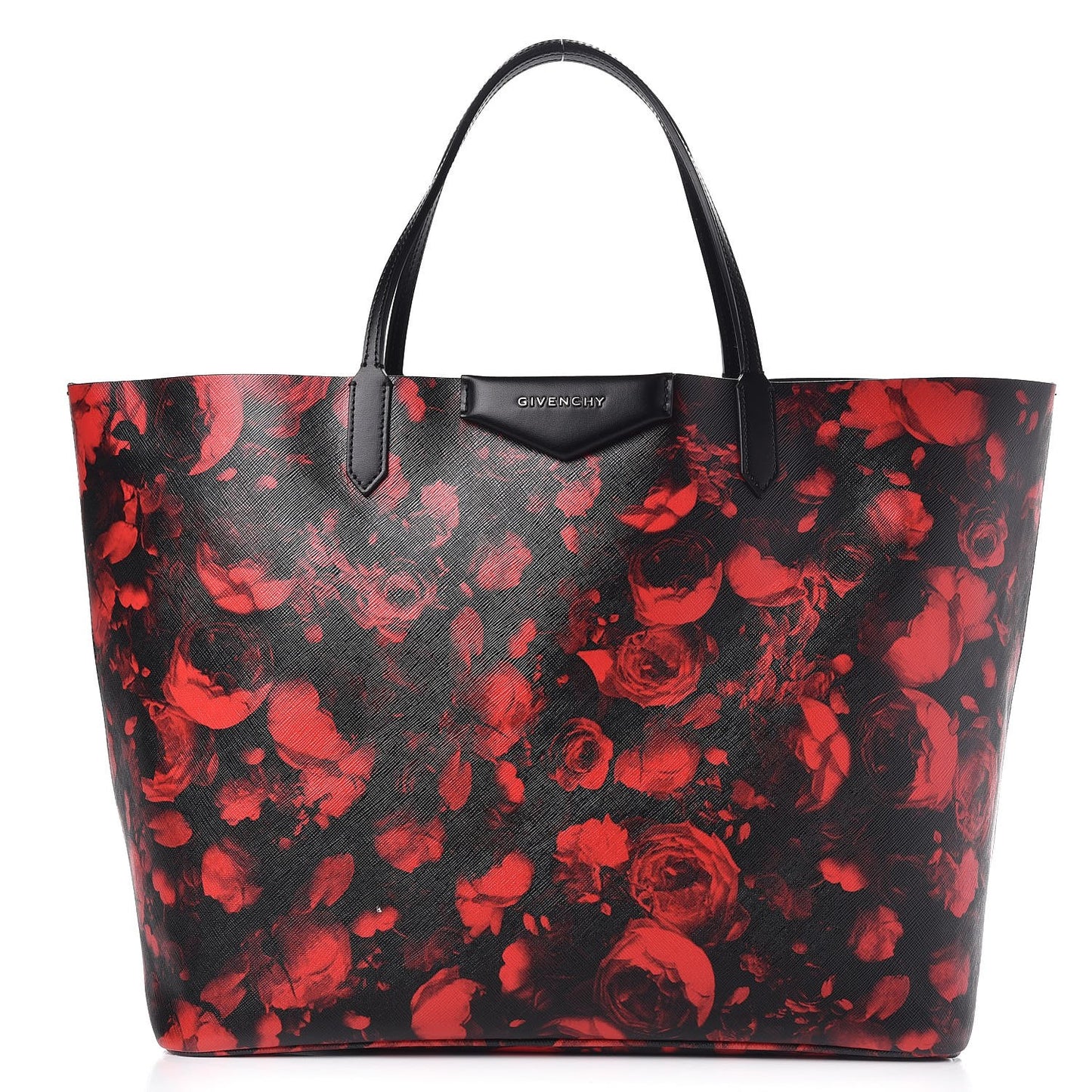Textured Coated Canvas Floral Print Large Antigona Tote Black Red