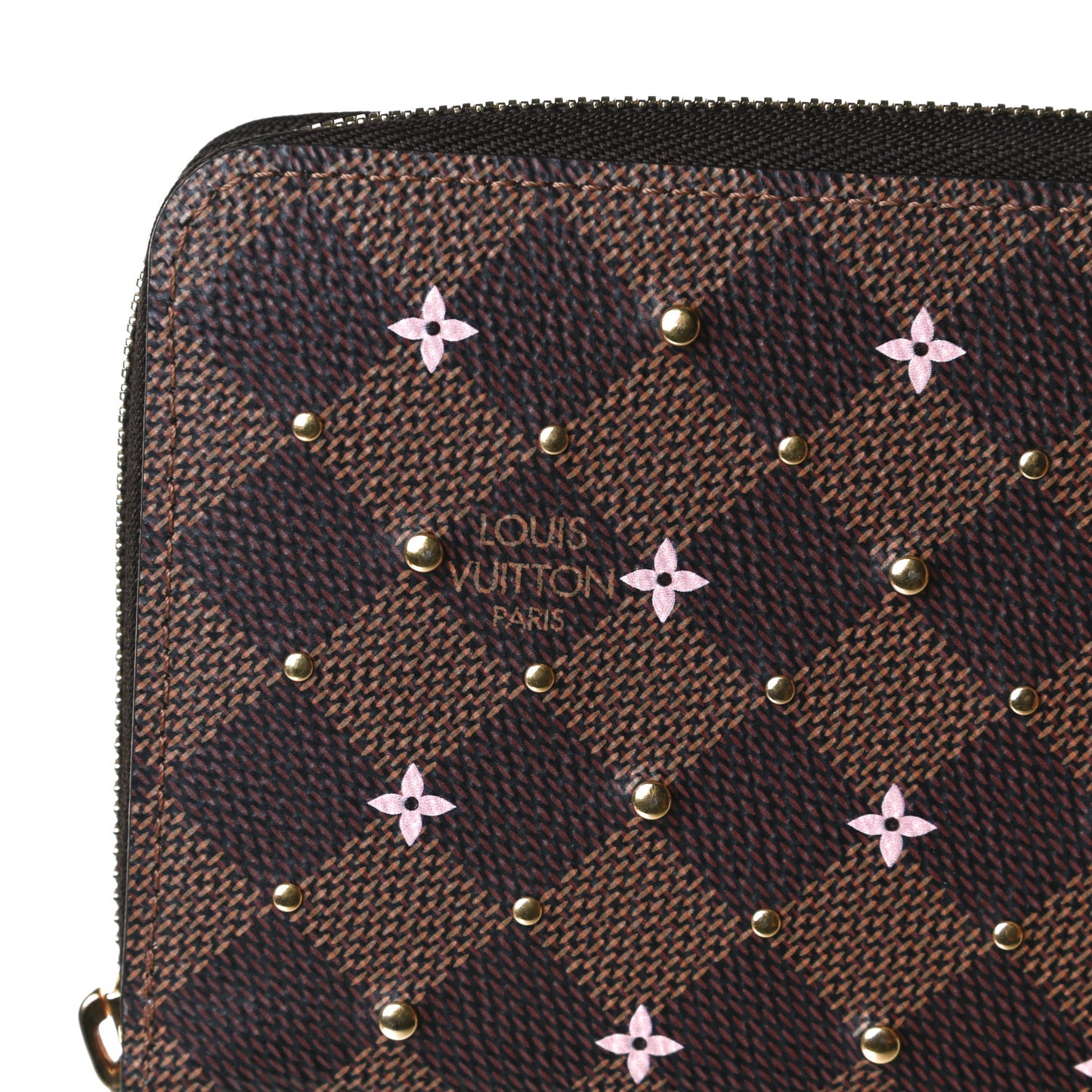 Damier Ebene Studded Zippy Wallet Rose Ballerine