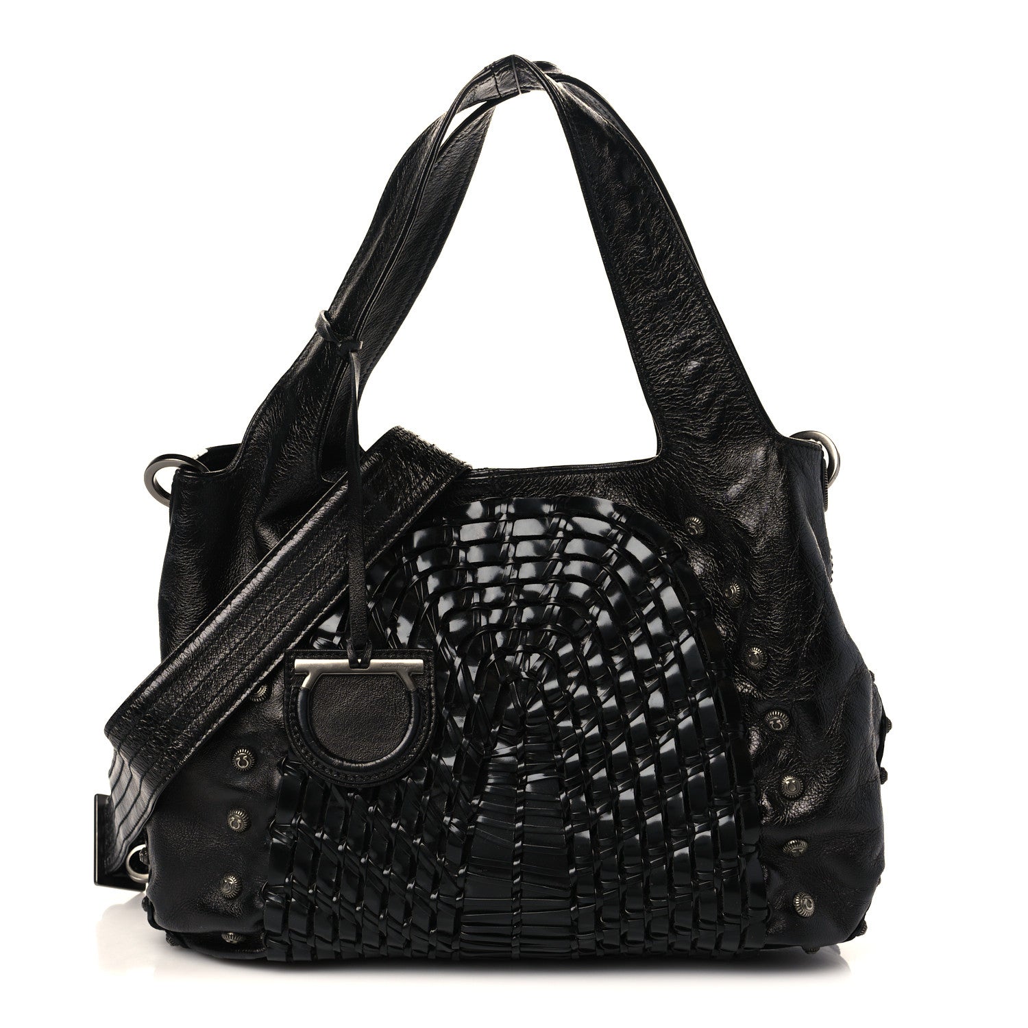 Salvatore Ferragamo Calfskin Woven Satchel Black 1 of 8
