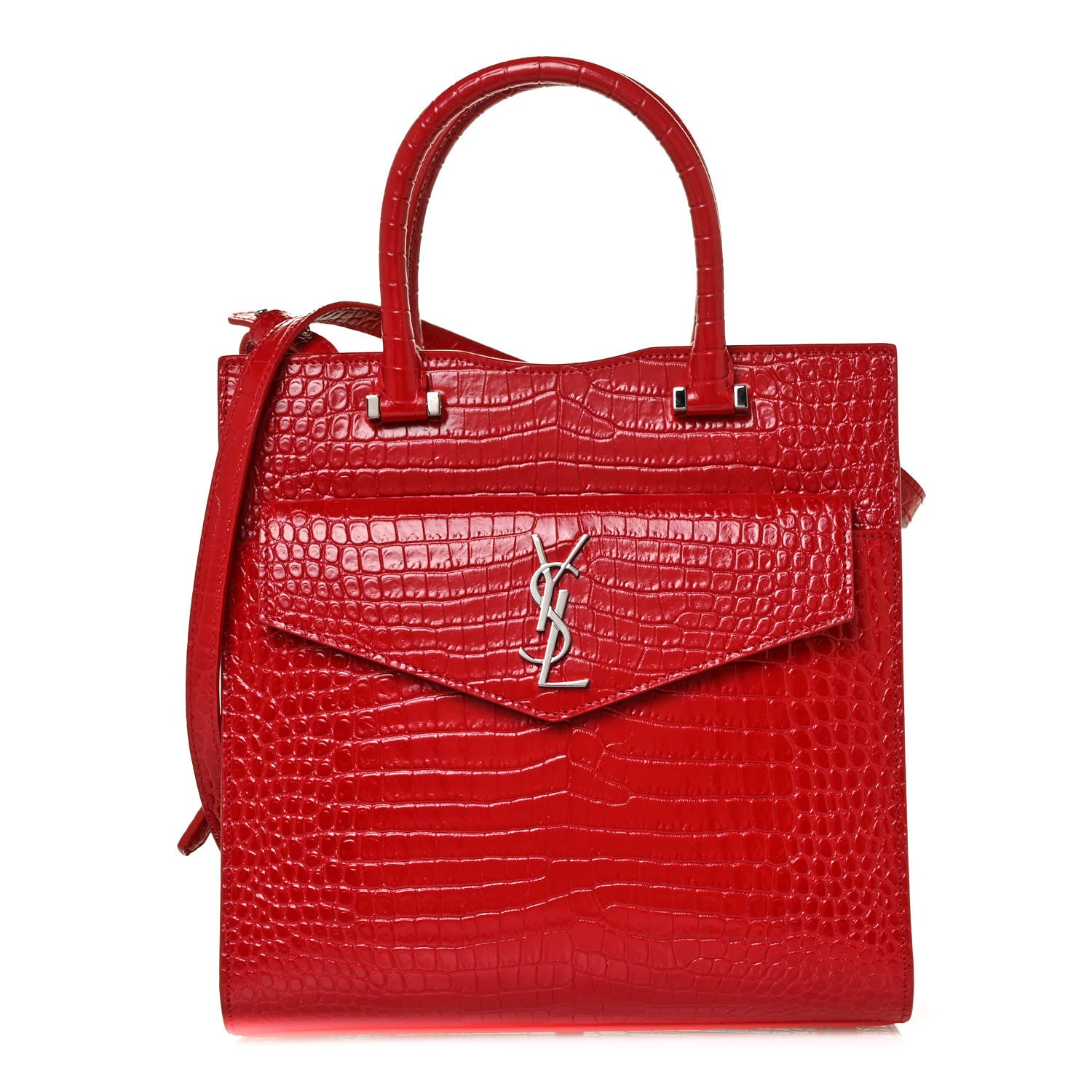 Saint Laurent Calfskin Crocodile Embossed Small Uptown Tote Rouge Eros 1 of 7