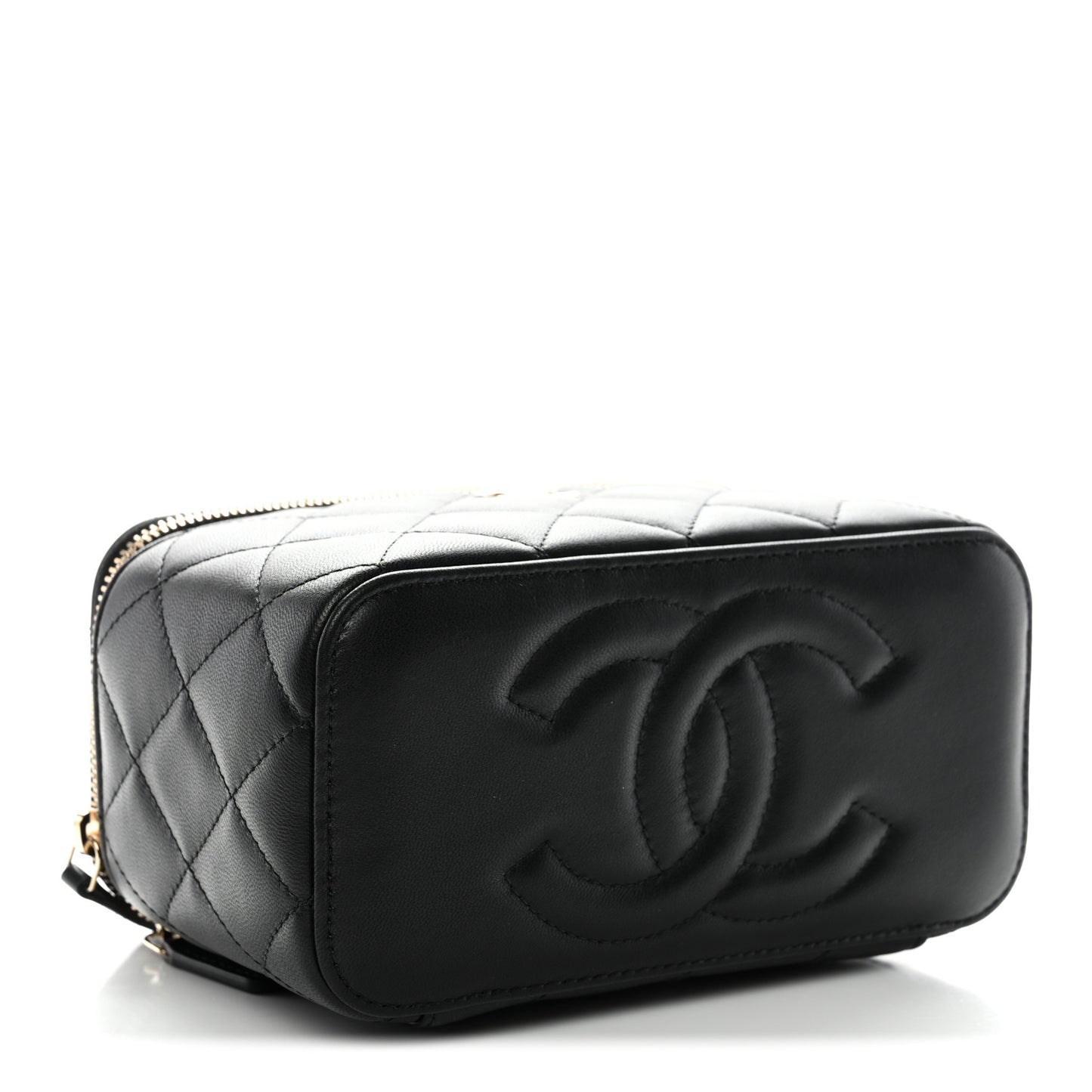 Lambskin Quilted Small Top Handle Vanity Case With Chain Black