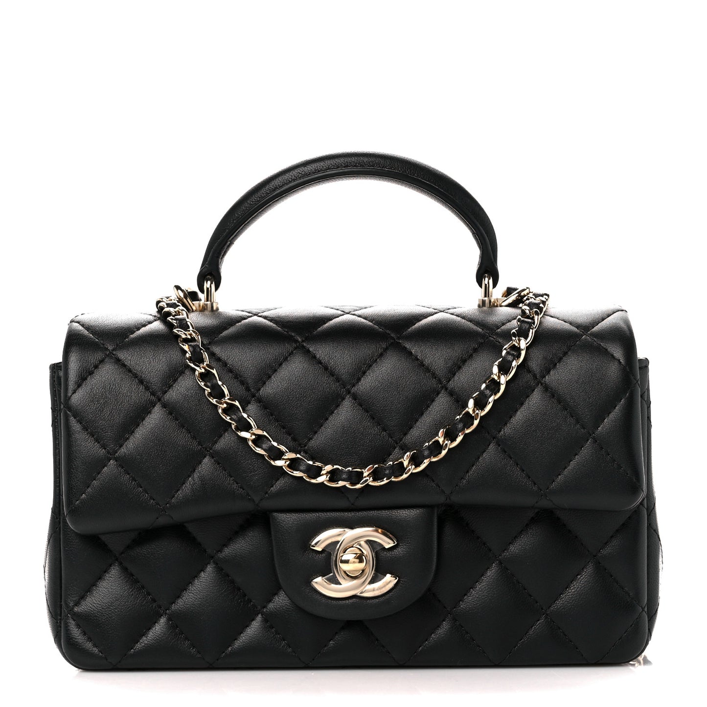 Lambskin Quilted Mini Top Handle Rectangular Flap Black
