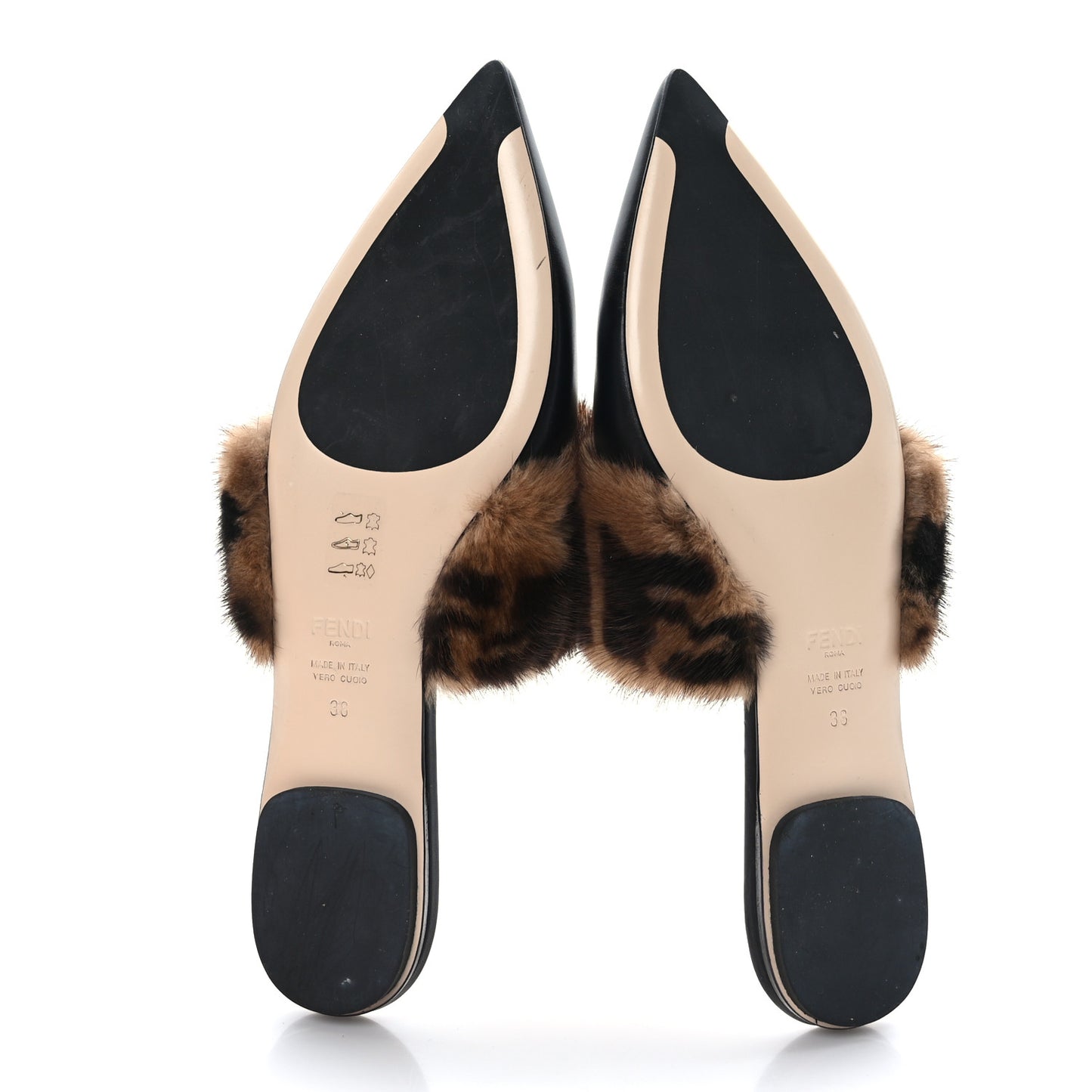 Calfskin Mink Fur FF Flat Mules 38 Black