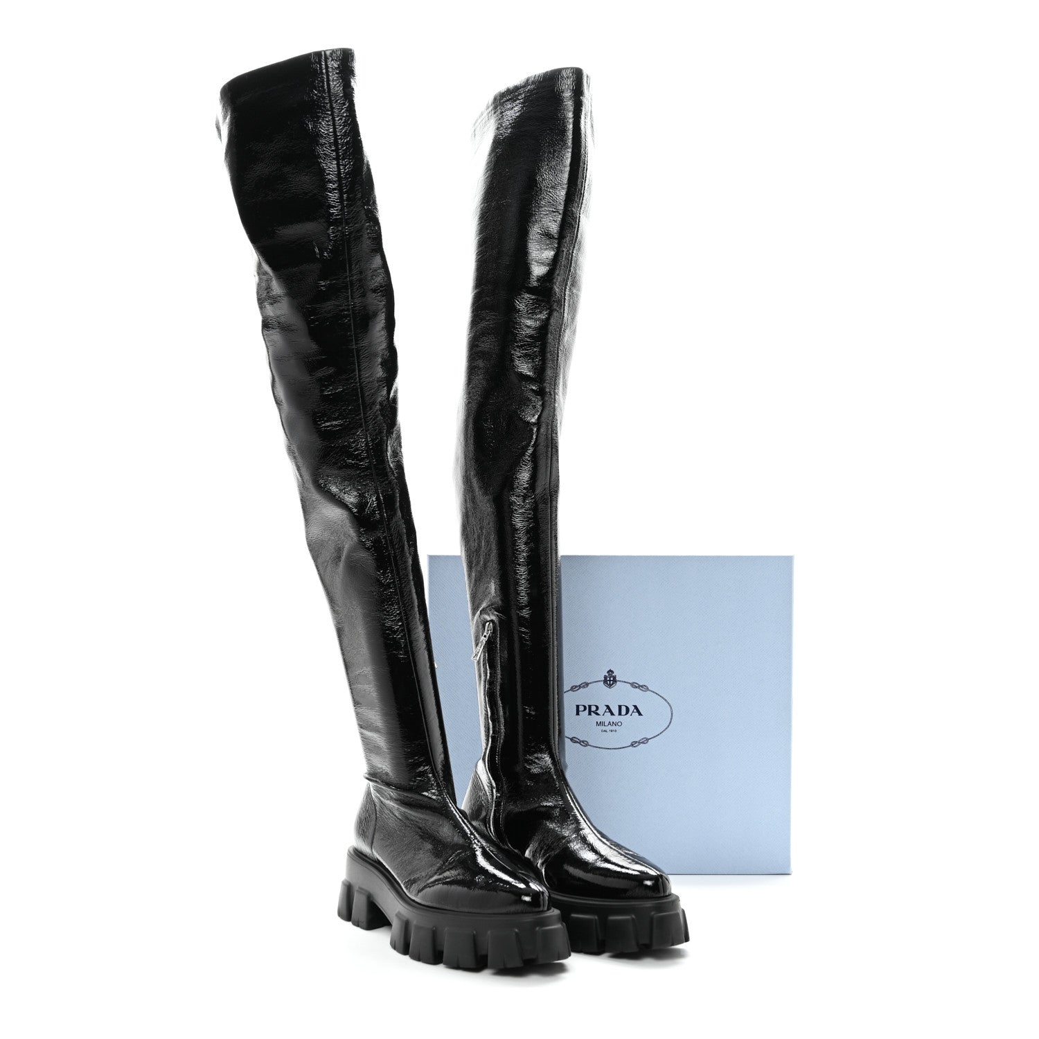 Prada Patent Naplak Tech Monolith 55mm Over The Knee Boots 39 Black 9 of 9
