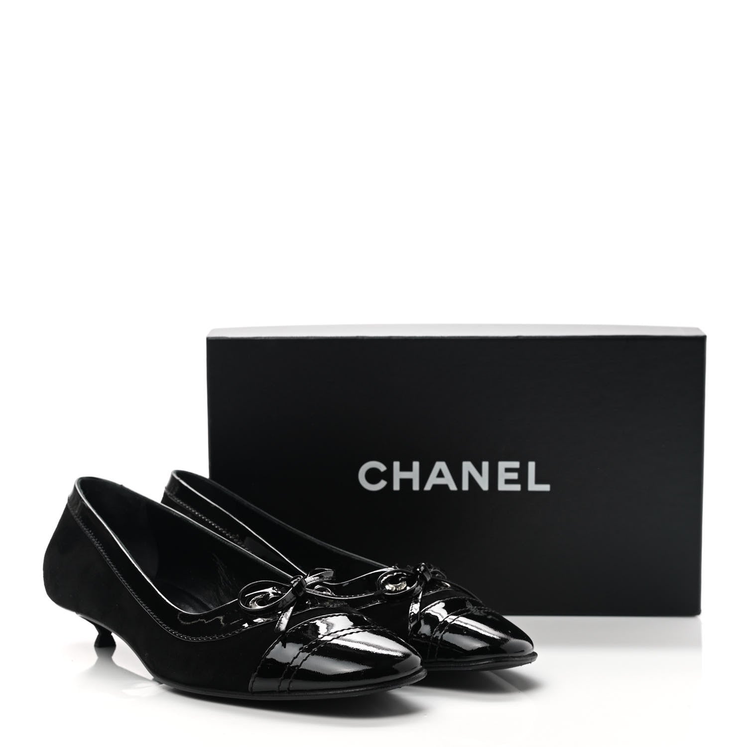 Chanel Patent Suede Cap Toe Kitten Heel Pumps 39 Black 8 of 8