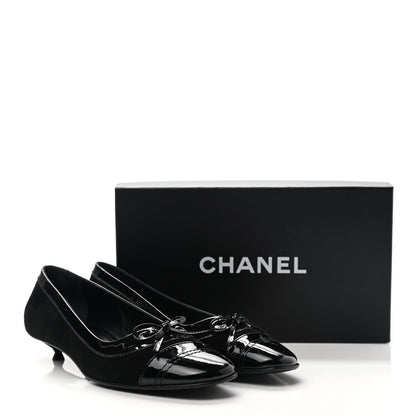 Chanel Patent Suede Cap Toe Kitten Heel Pumps 39 Black 8 of 8