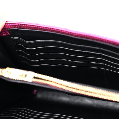 Saint Laurent Metallic Crackled Calfskin Matelasse Chevron Monogram Chain Wallet Fuchsia 12 of 16