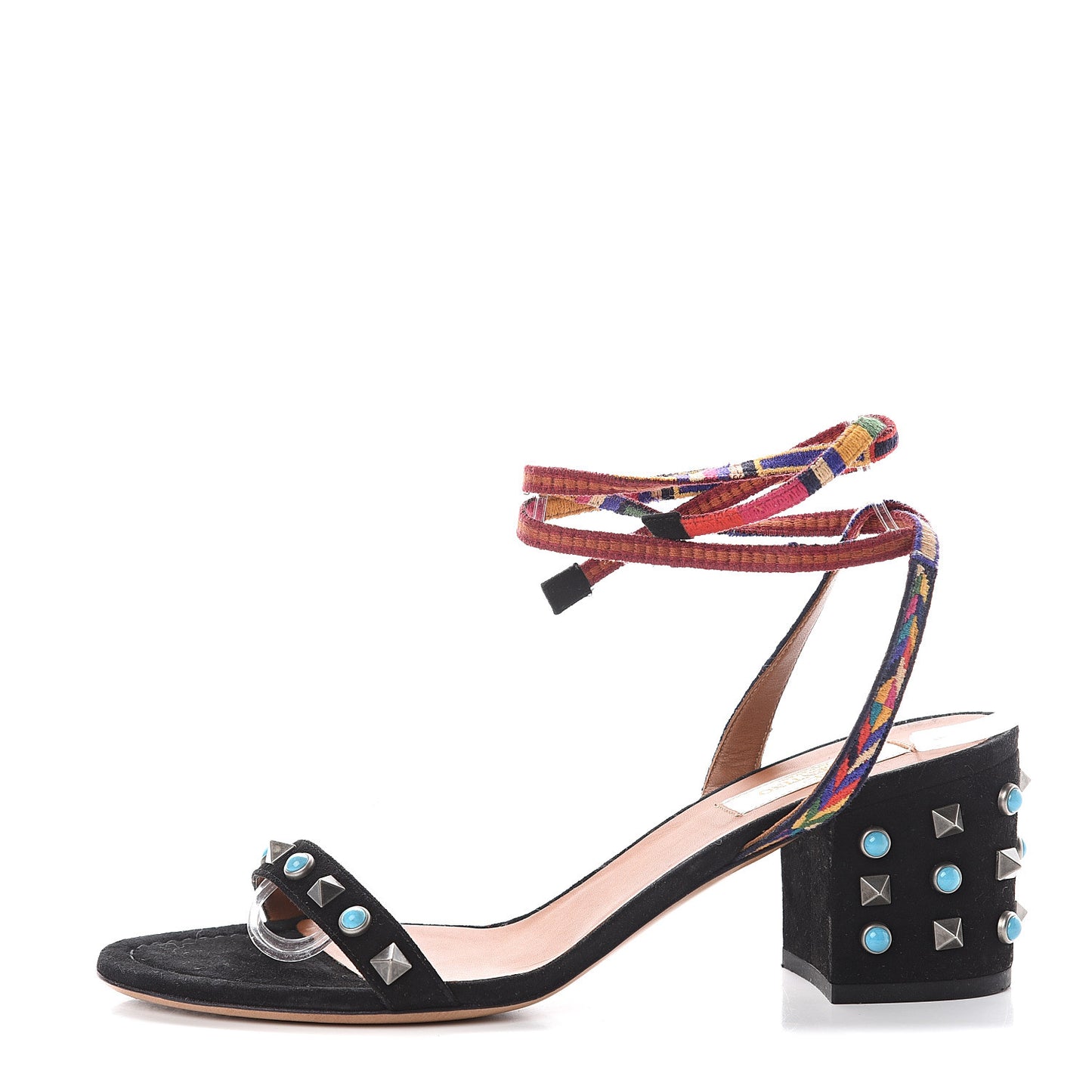 Suede Embroidered Rockstud Rolling 60mm City Wrap Sandals 38 Black Multicolor