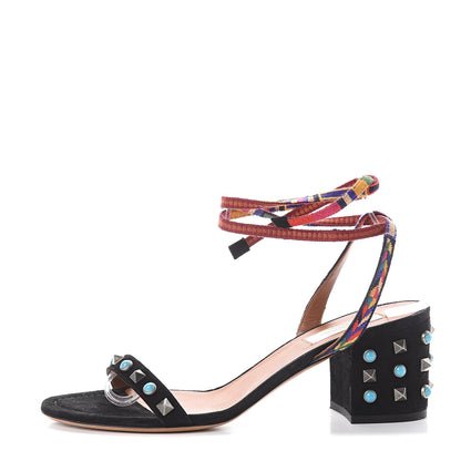 Valentino Garavani Suede Embroidered Rockstud Rolling 60mm City Wrap Sandals 38 Black Multicolor 1 of 6